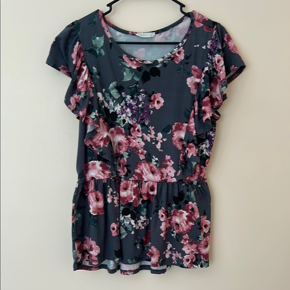 Blue Floral Ruffled Flutter Sleeve Blouse
